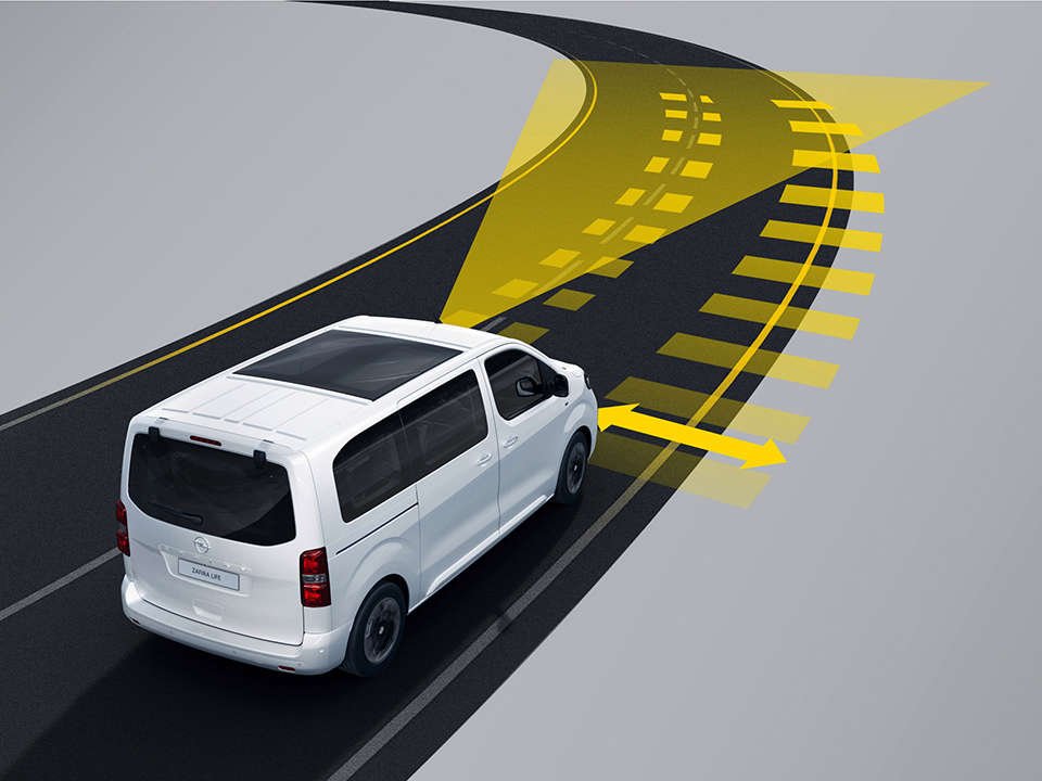 Вигляд зверху на мінівен Opel Zafira, що демонструє дію системи утримування в обраній смухі руху